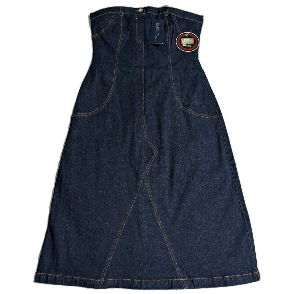 Revolt Jeans Co Strapless Denim Midi Dress Womens M Dark Wash Bustier NWT